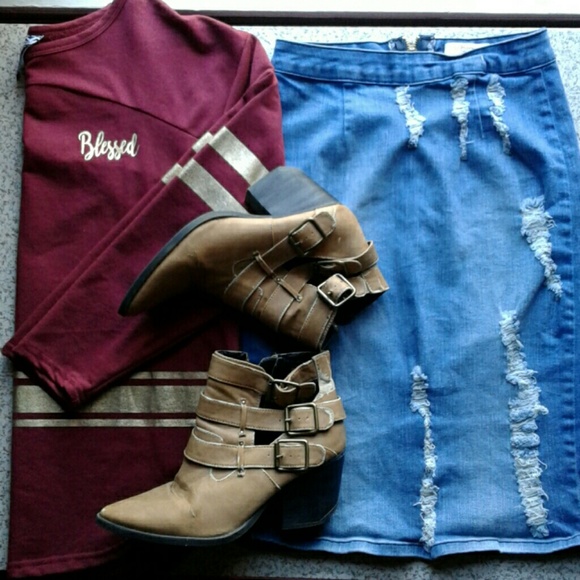 Vibrant Dresses & Skirts - Distressed ripped denim jean pencil skirt hi-waist